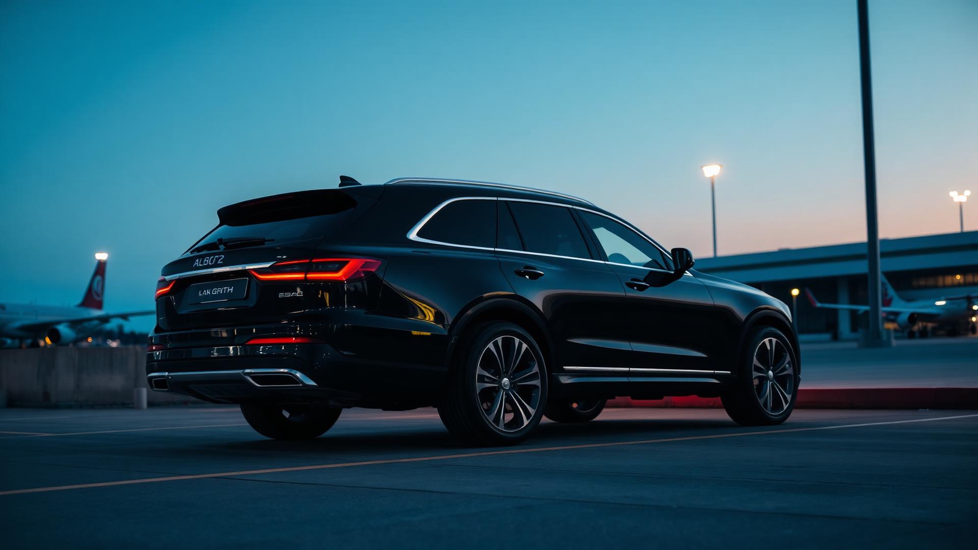 Black luxury SUV at airport terminal at dusk